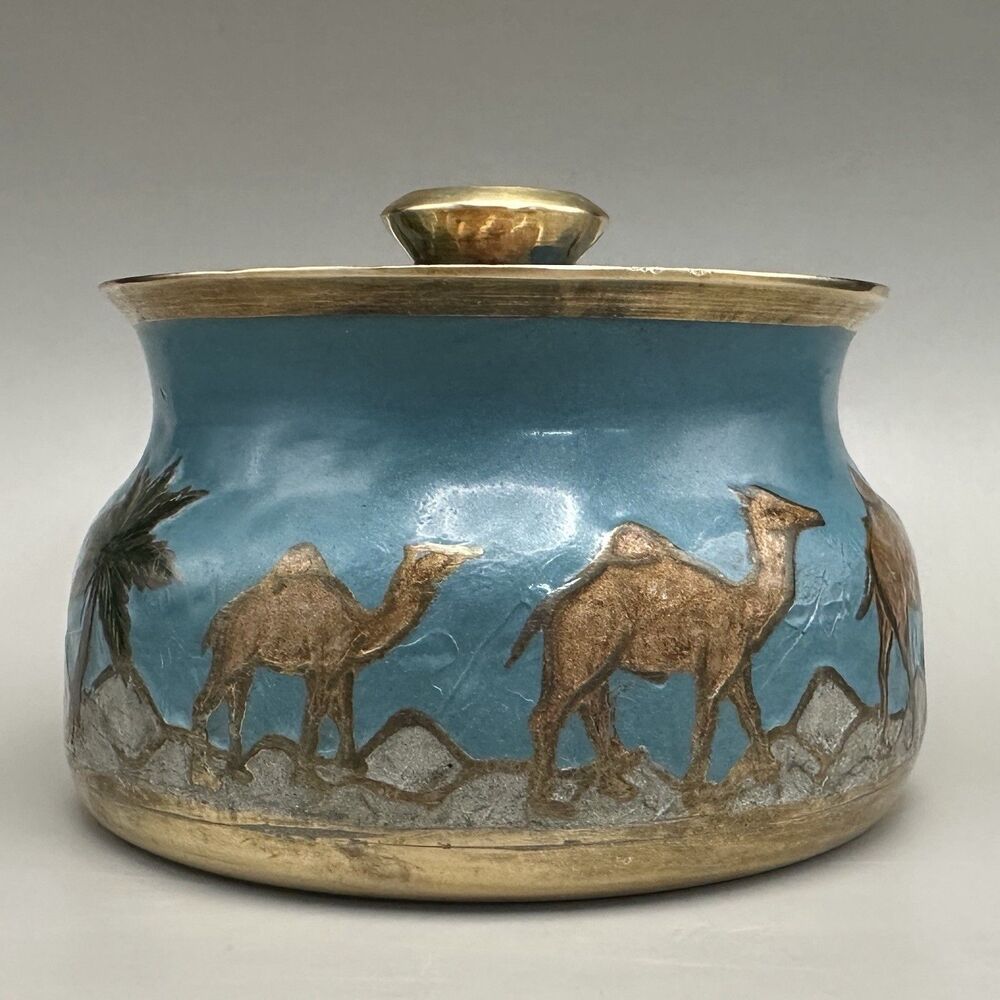 VTG  Turquoise Enamel Brass Camel Desert Scene Lidded Candy  Dish  Trinket Box